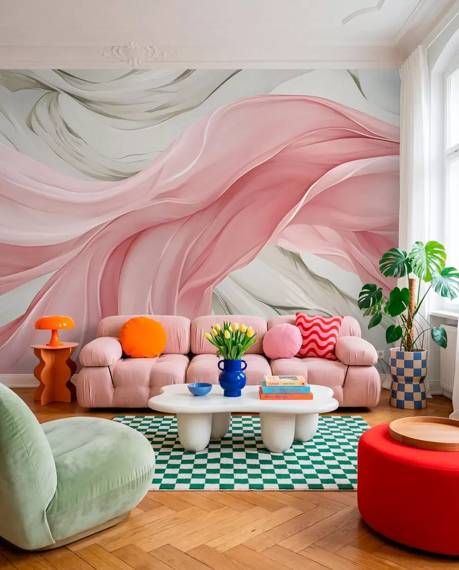 wall murals Flowing pink fabric waves w05152v2