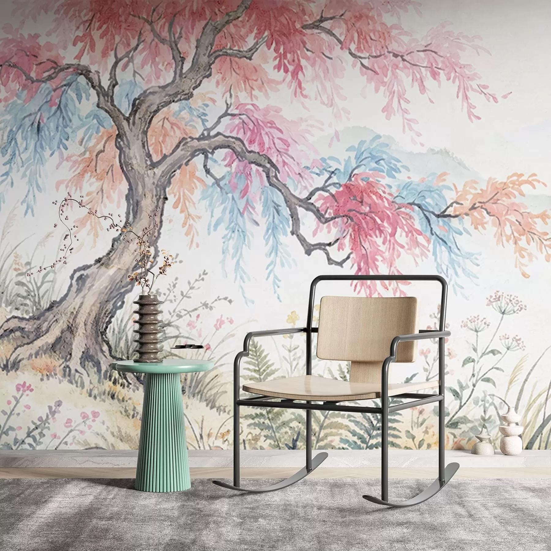 wall murals Painted colorful garden on concrete wall w05246