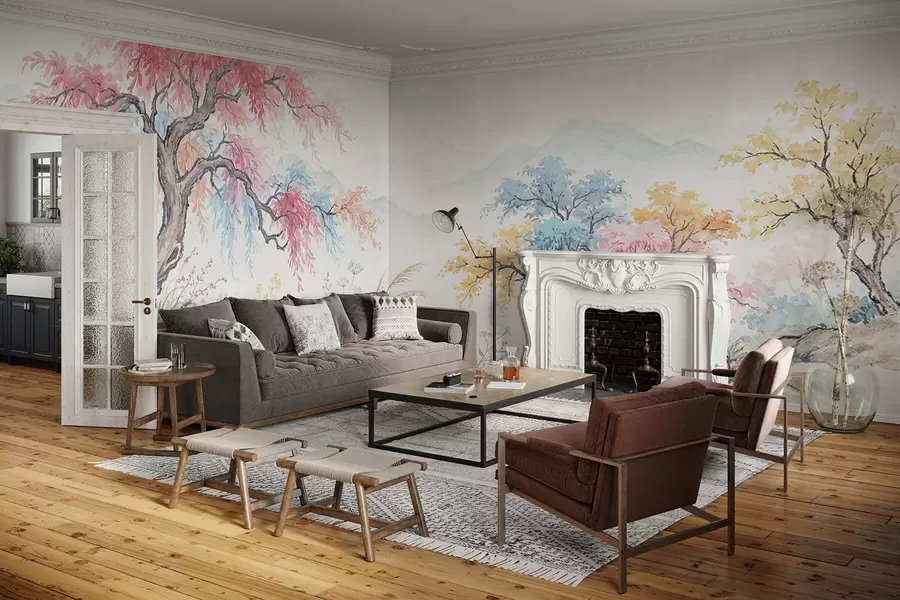 wall murals Painted colorful garden on concrete wall w05246