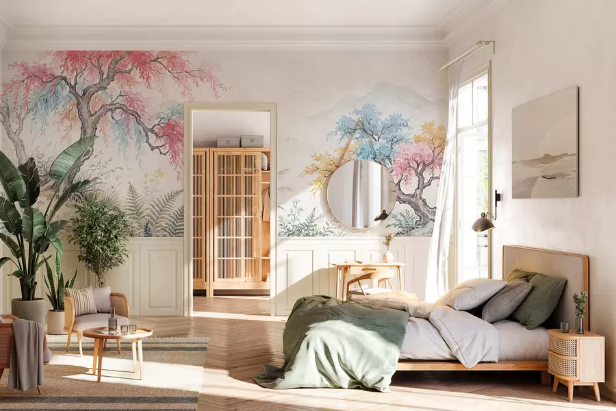 wall murals Painted colorful garden on concrete wall w05246