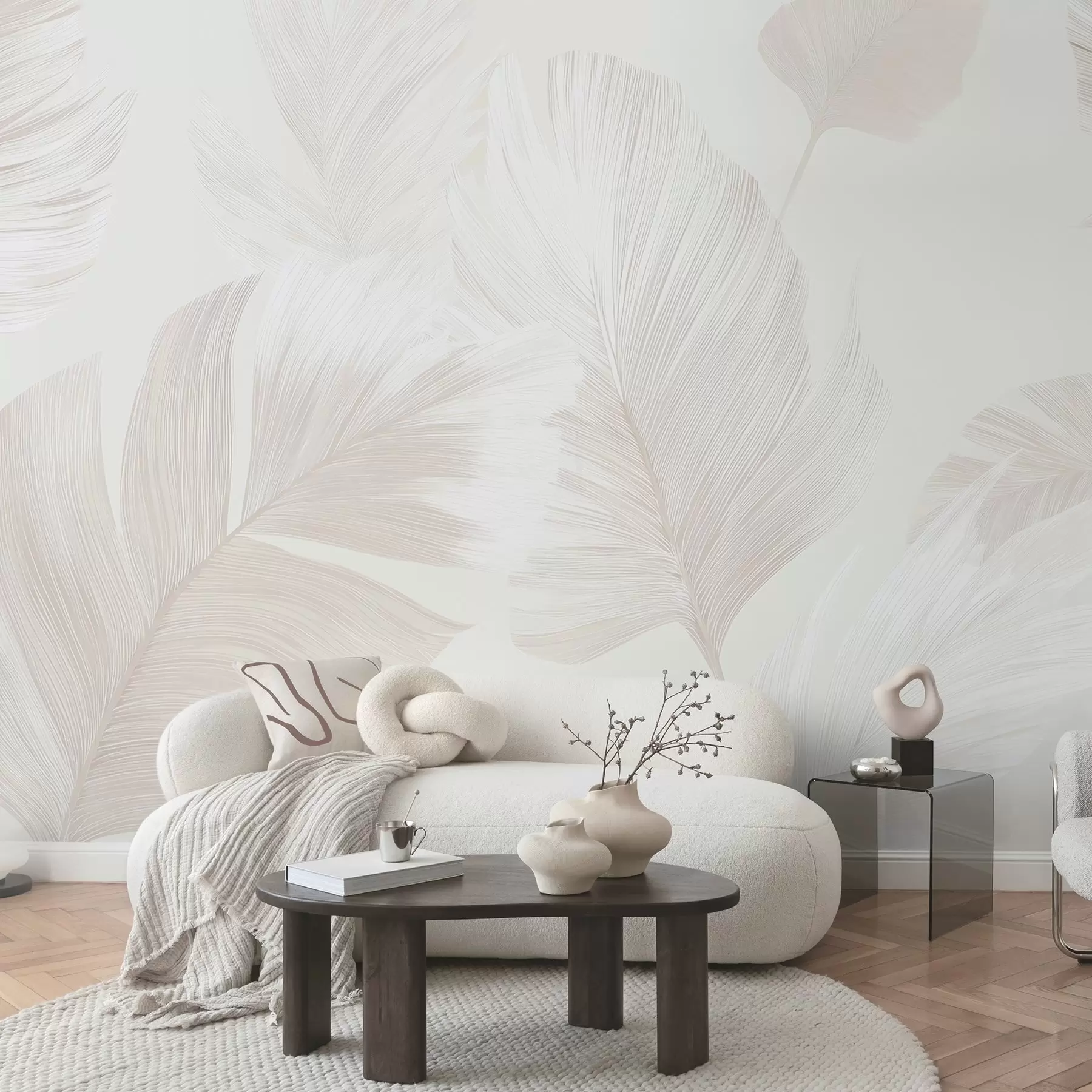 wall murals Soft ivory feathers in milky beige tones w09563