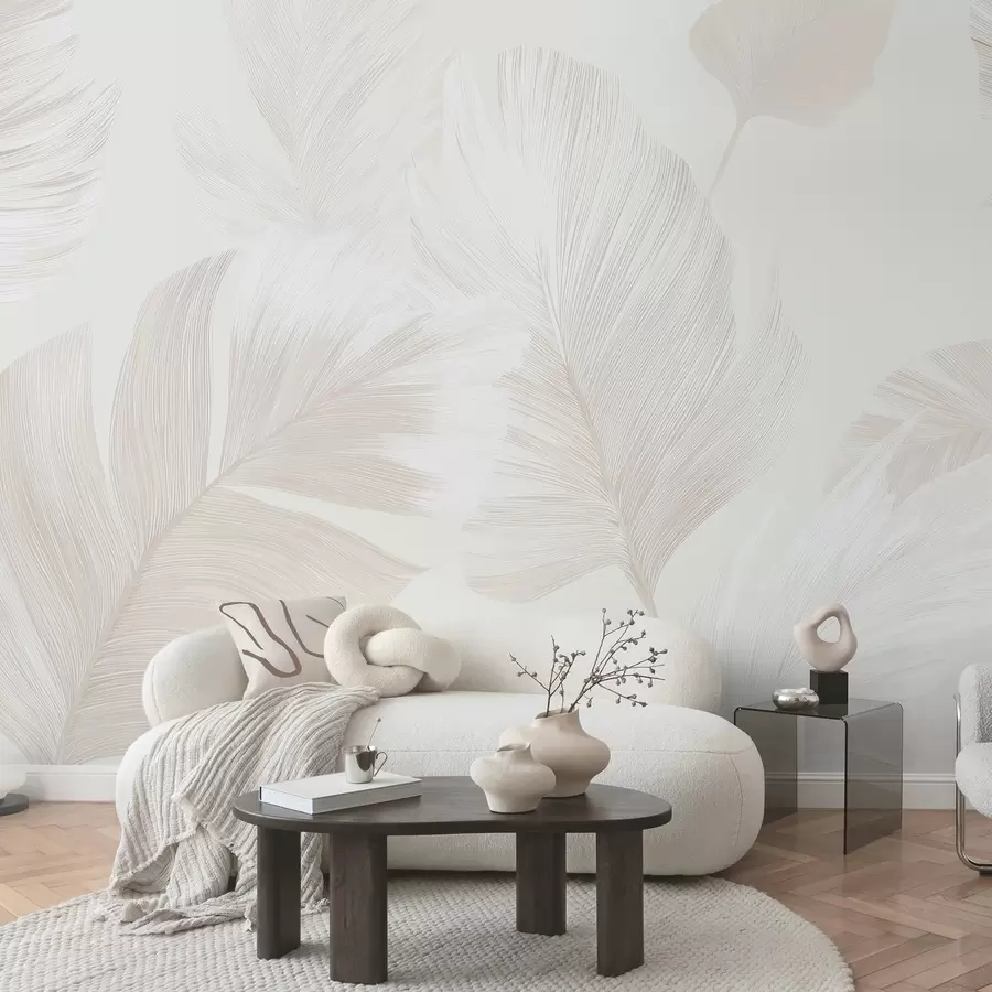 wall murals Soft ivory feathers in milky beige tones w09563
