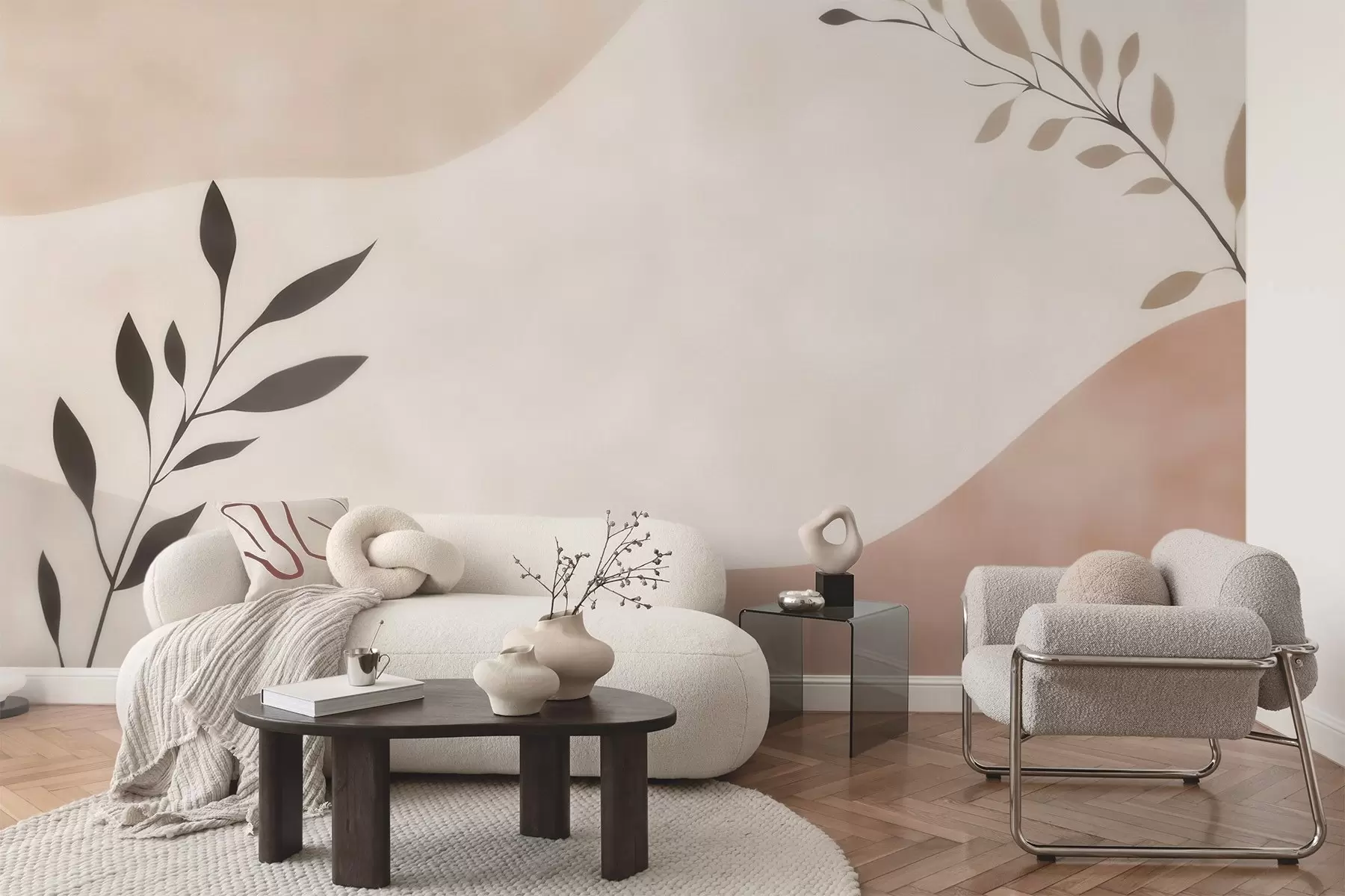 wall murals Abstract beige-peach waves with branches w09722