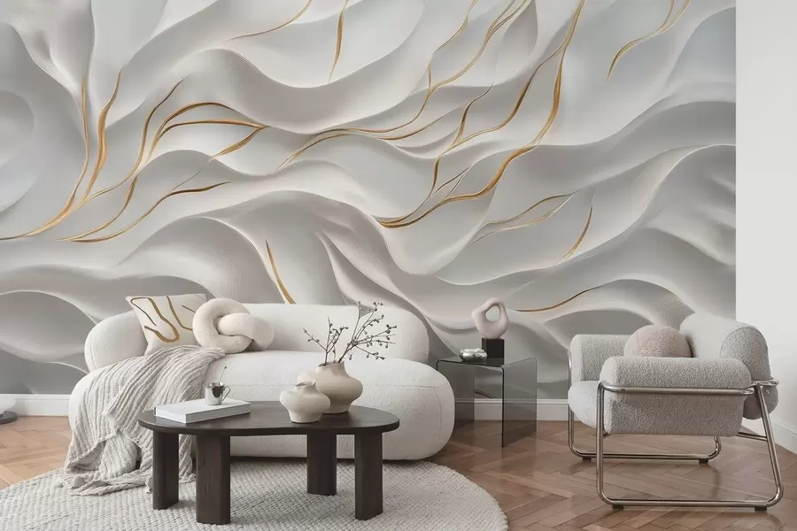 wall murals Gray embossed waves with yellow accents w09724