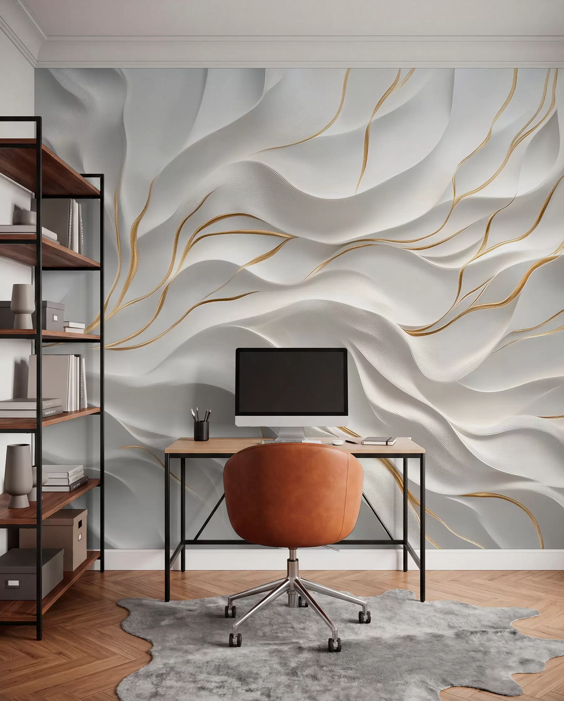 wall murals Gray embossed waves with yellow accents w09724