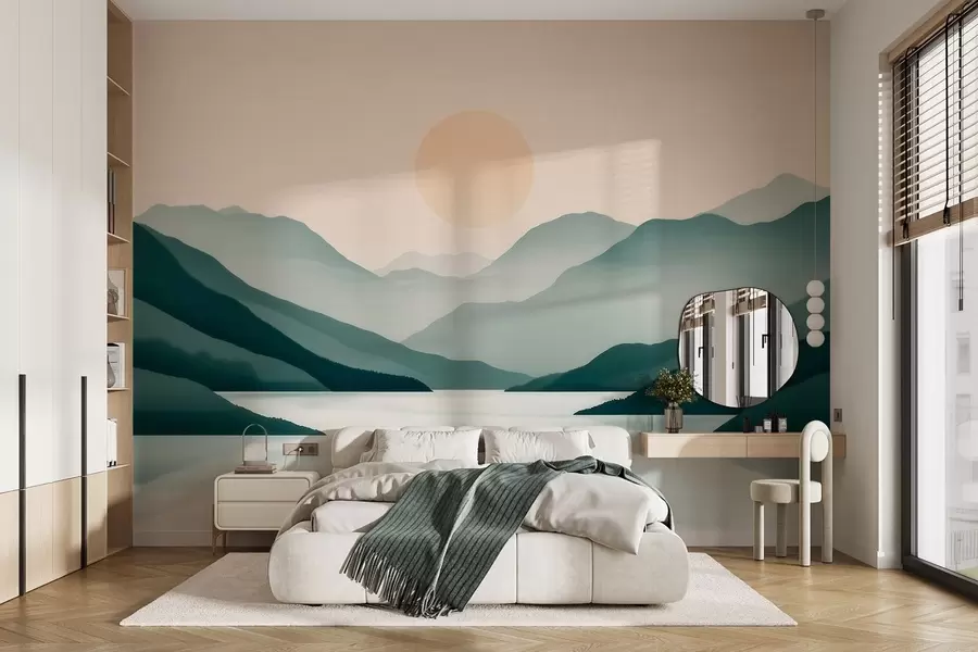 wall murals Quiet mountain landscape with the sun over the lake w09735