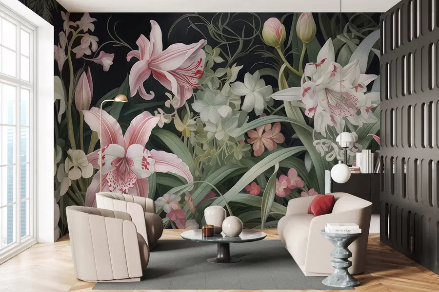 wall murals Fantastic flowers on a dark background w05278