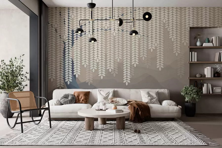 wall murals stylised willow tree with hanging leaves against a backdrop of minimalist mountains in shades of beige and blue-green w05232