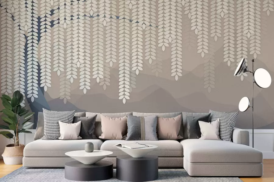 wall murals stylised willow tree with hanging leaves against a backdrop of minimalist mountains in shades of beige and blue-green w05232