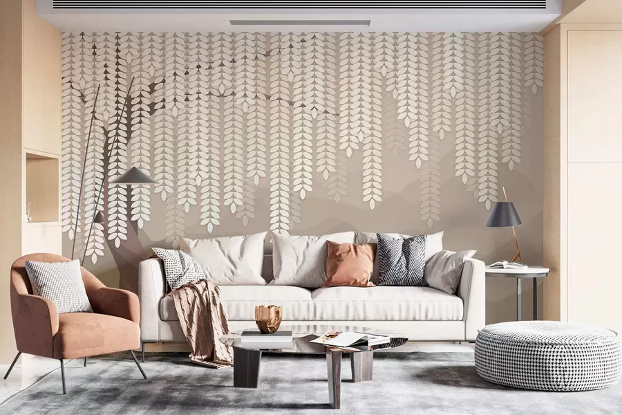 wall murals stylised willow tree with hanging leaves against a backdrop of minimalist mountains in shades of coffee w05232v2