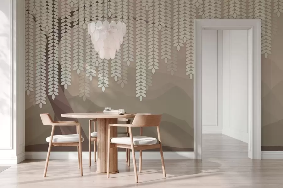 wall murals stylised willow tree with hanging leaves against a backdrop of minimalist mountains in shades of coffee w05232v2