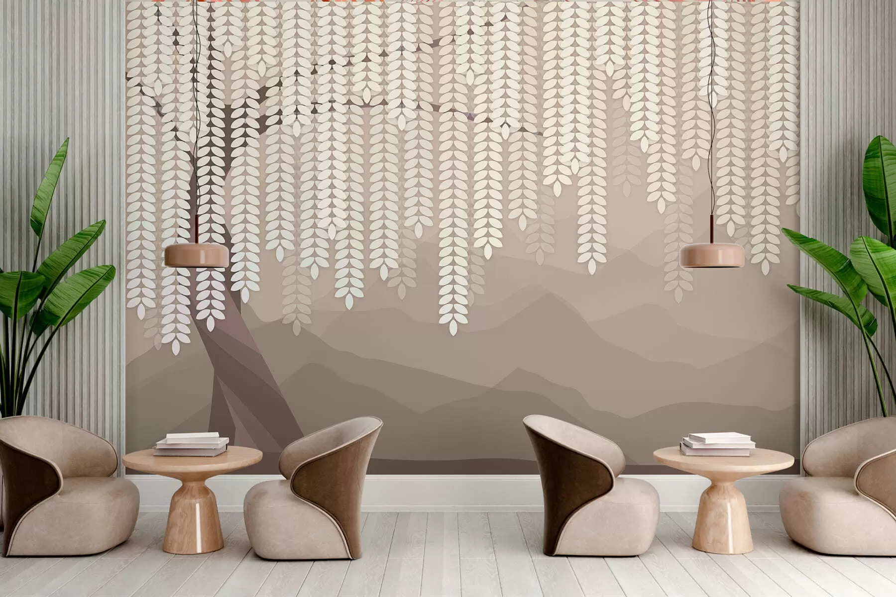 wall murals stylised willow tree with hanging leaves against a backdrop of minimalist mountains in shades of coffee w05232v2