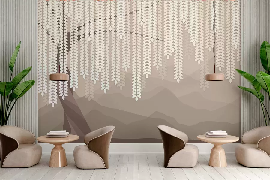 wall murals stylised willow tree with hanging leaves against a backdrop of minimalist mountains in shades of coffee w05232v2
