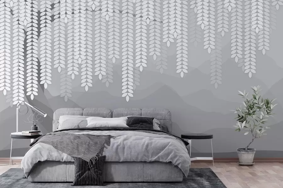 wall murals stylised willow tree with hanging leaves against a backdrop of minimalist mountains in shades of grey w05232v3