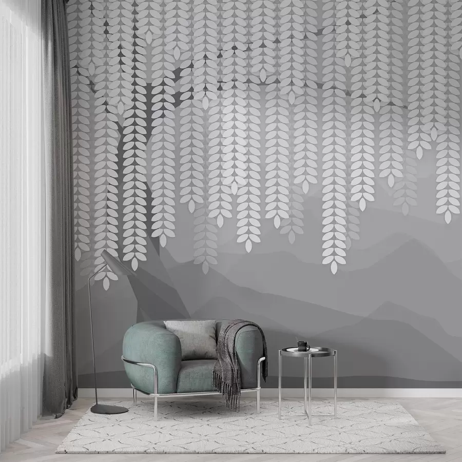 wall murals stylised willow tree with hanging leaves against a backdrop of minimalist mountains in shades of grey w05232v3