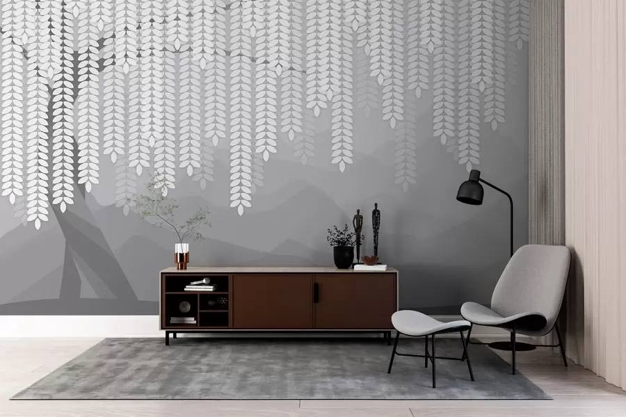 wall murals stylised willow tree with hanging leaves against a backdrop of minimalist mountains in shades of grey w05232v3