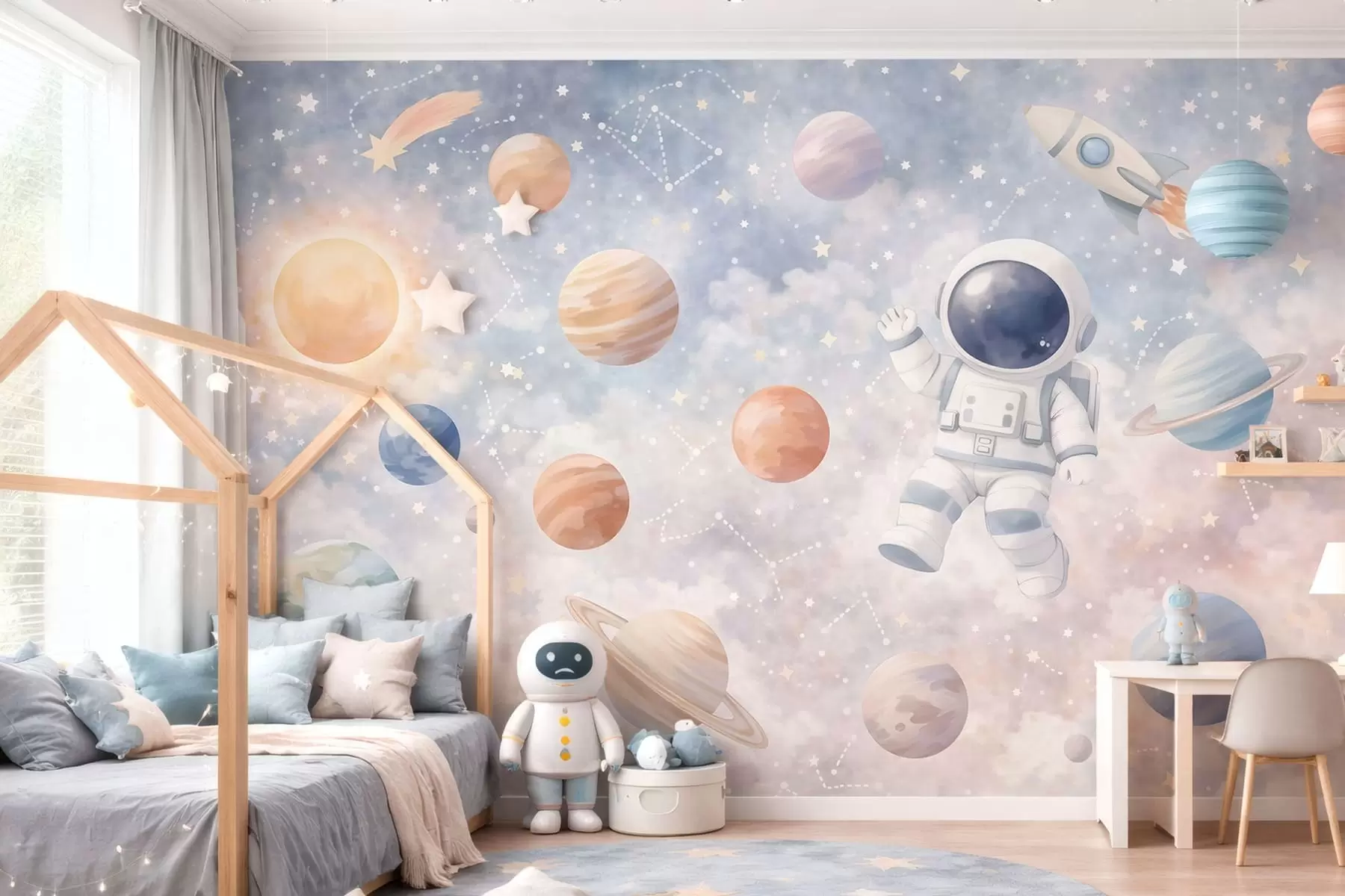 wall murals a little astronaut among planets and stars w05233