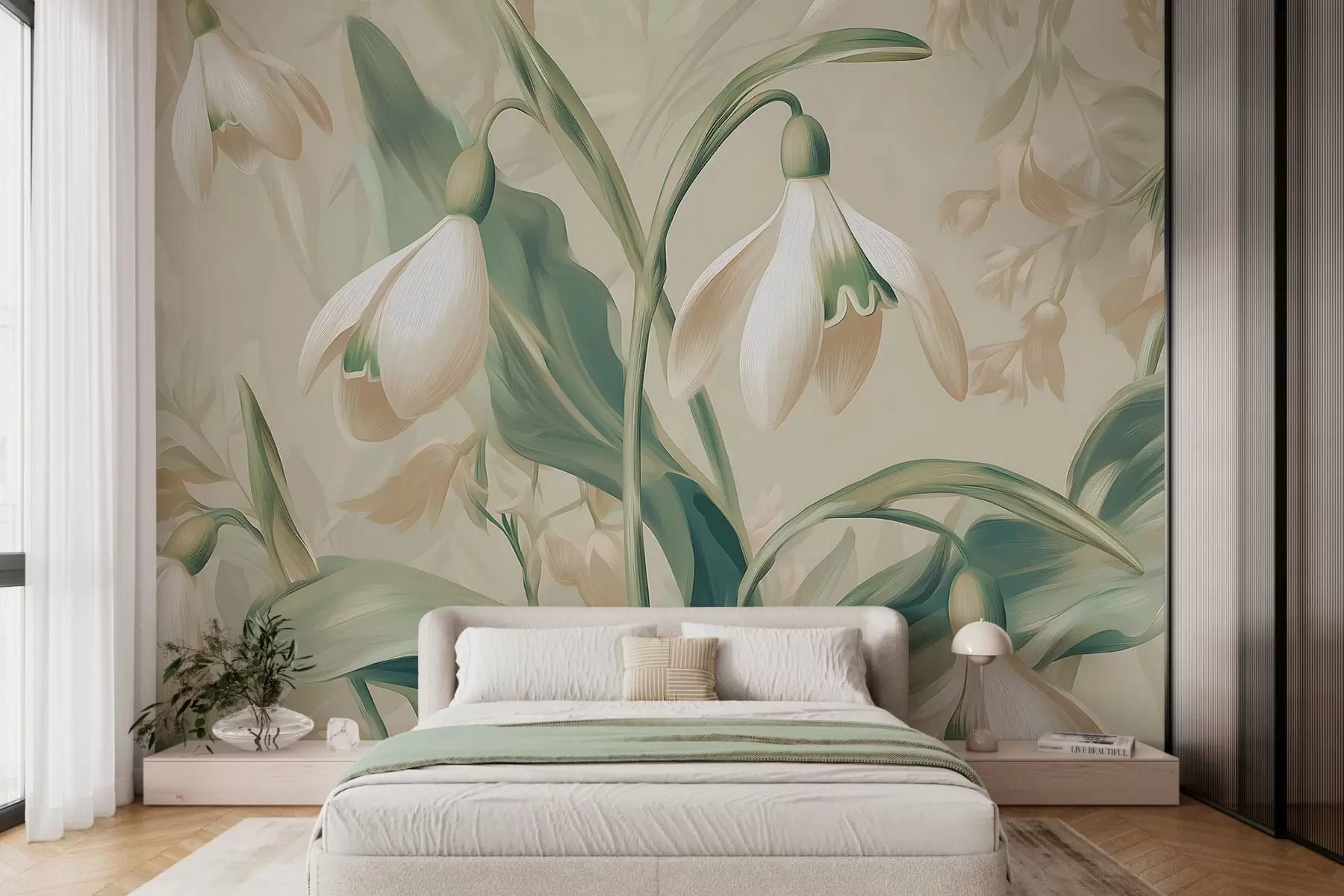 wall murals blooming snowdrops on a beige background w05234