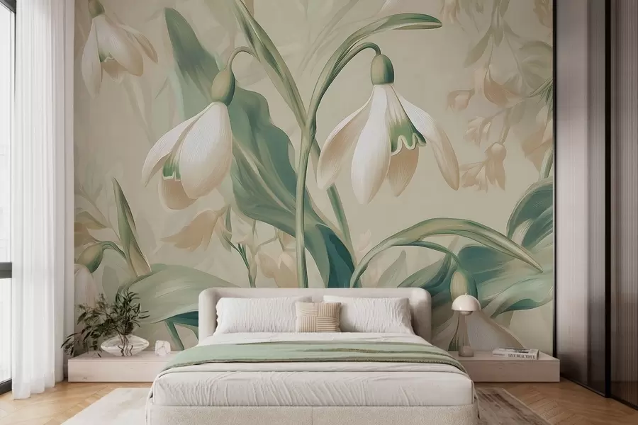 wall murals blooming snowdrops on a beige background w05234