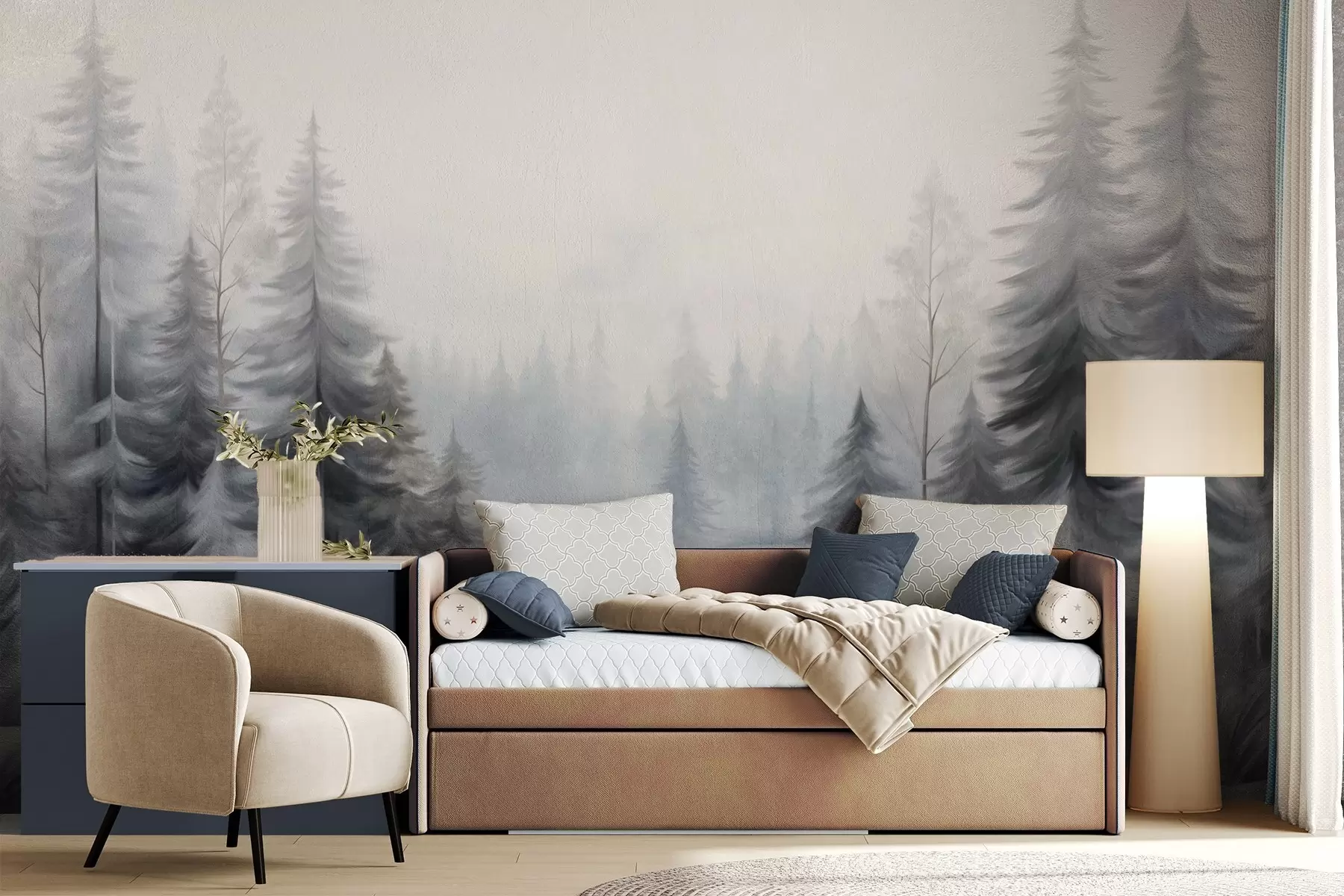 wall murals Textured winter forest trees in mist, in muted gray and white tones w09745