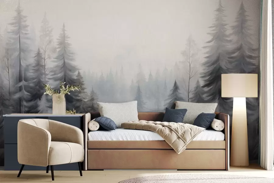 wall murals Textured winter forest trees in mist, in muted gray and white tones w09745