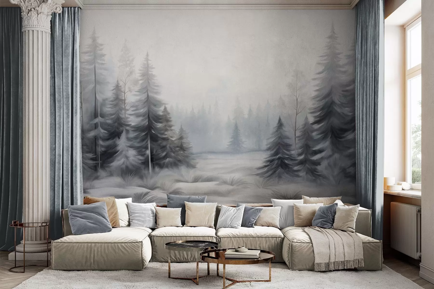 wall murals Textured winter forest trees in mist, in muted gray and white tones w09745