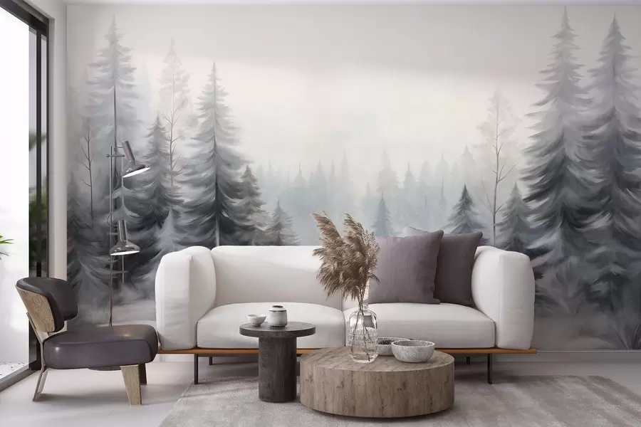 wall murals Textured winter forest trees in mist, in muted gray and white tones w09745