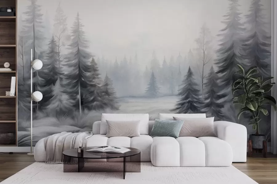 wall murals Textured winter forest trees in mist, in muted gray and white tones w09745