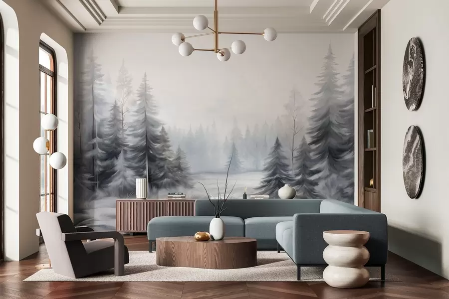 wall murals Textured winter forest trees in mist, in muted gray and white tones w09745