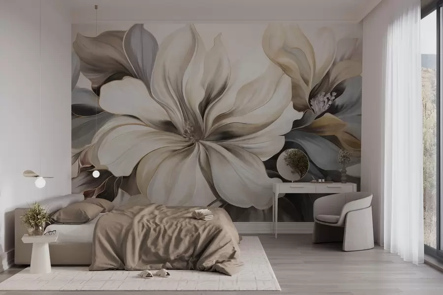 wall murals Large, creamy magnolia flowers with brown and grey leaves, soft lighting, abstract background w09749