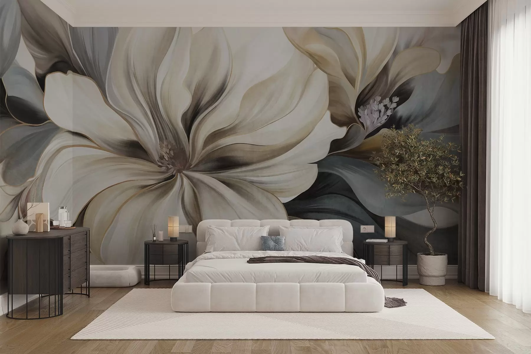 wall murals Large, creamy magnolia flowers with brown and grey leaves, soft lighting, abstract background w09749