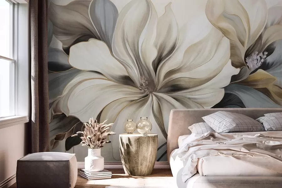 wall murals Large, creamy magnolia flowers with brown and grey leaves, soft lighting, abstract background w09749