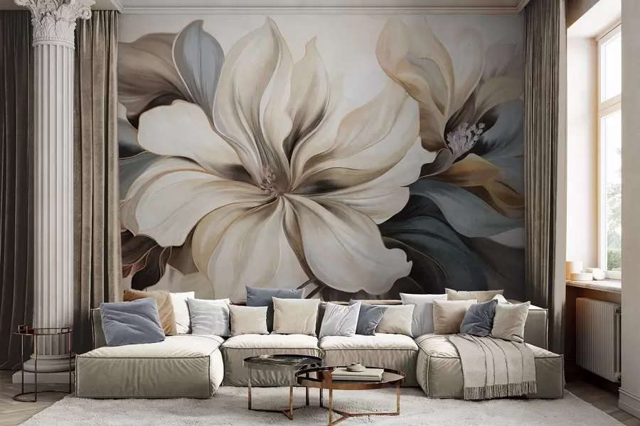 wall murals Large, creamy magnolia flowers with brown and grey leaves, soft lighting, abstract background w09749