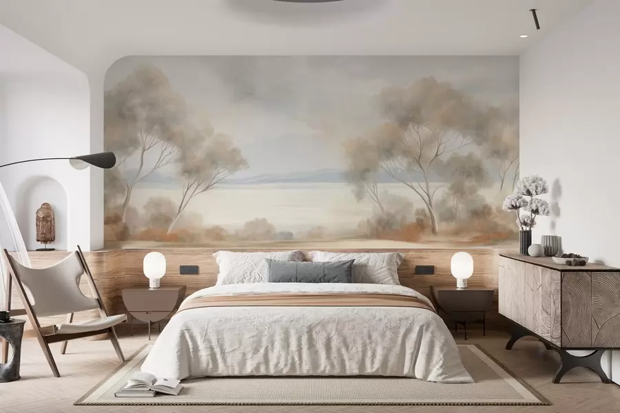 wall murals A landscape textured painting style with trees under a cloudy sky w09753