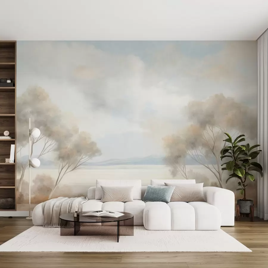 wall murals A landscape textured painting style with trees under a cloudy sky w09753