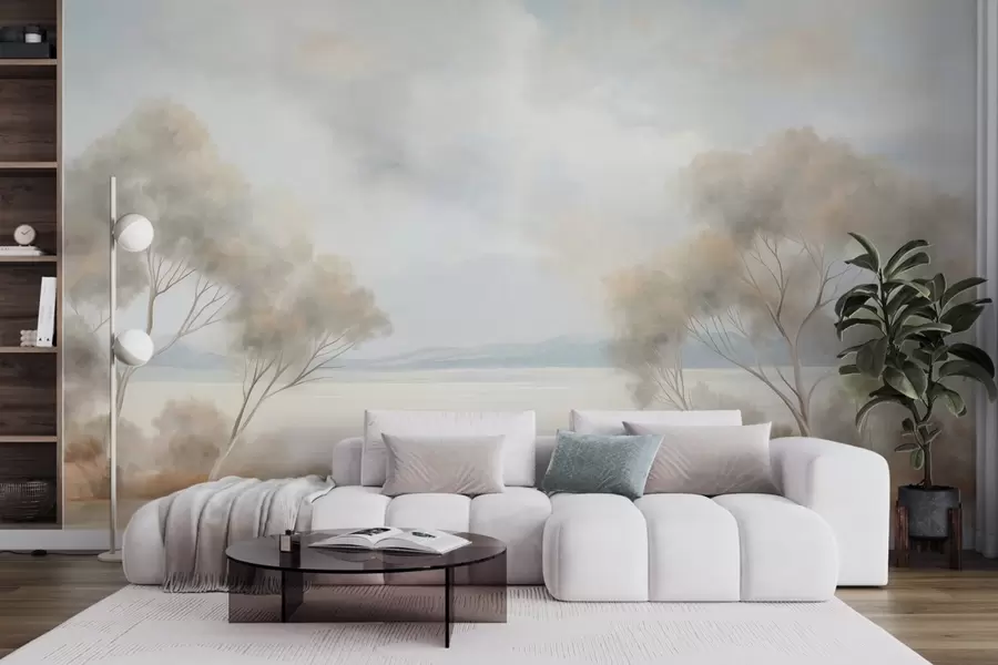 wall murals A landscape textured painting style with trees under a cloudy sky w09753