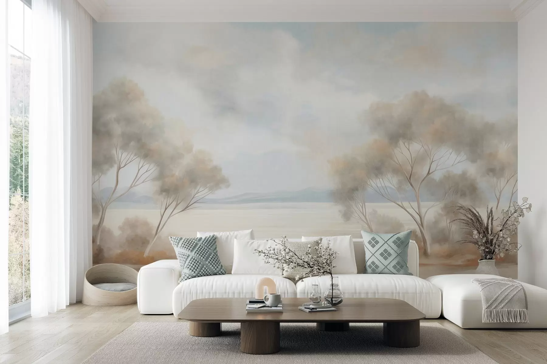 wall murals A landscape textured painting style with trees under a cloudy sky w09753