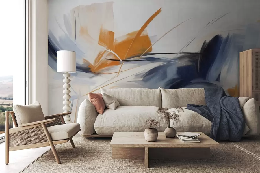 wall murals Abstract painting style with orange and blue textured brushstrokes w09755