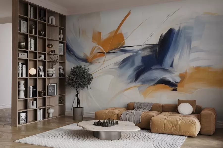 wall murals Abstract painting style with orange and blue textured brushstrokes w09755