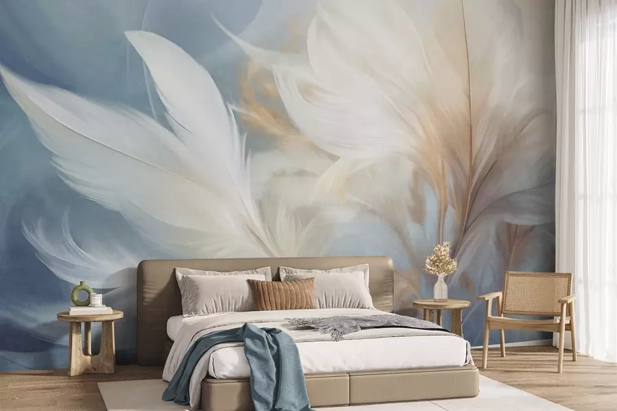 wall murals Textured soft, white feathers and blured pampas grass with blue and white background w09758