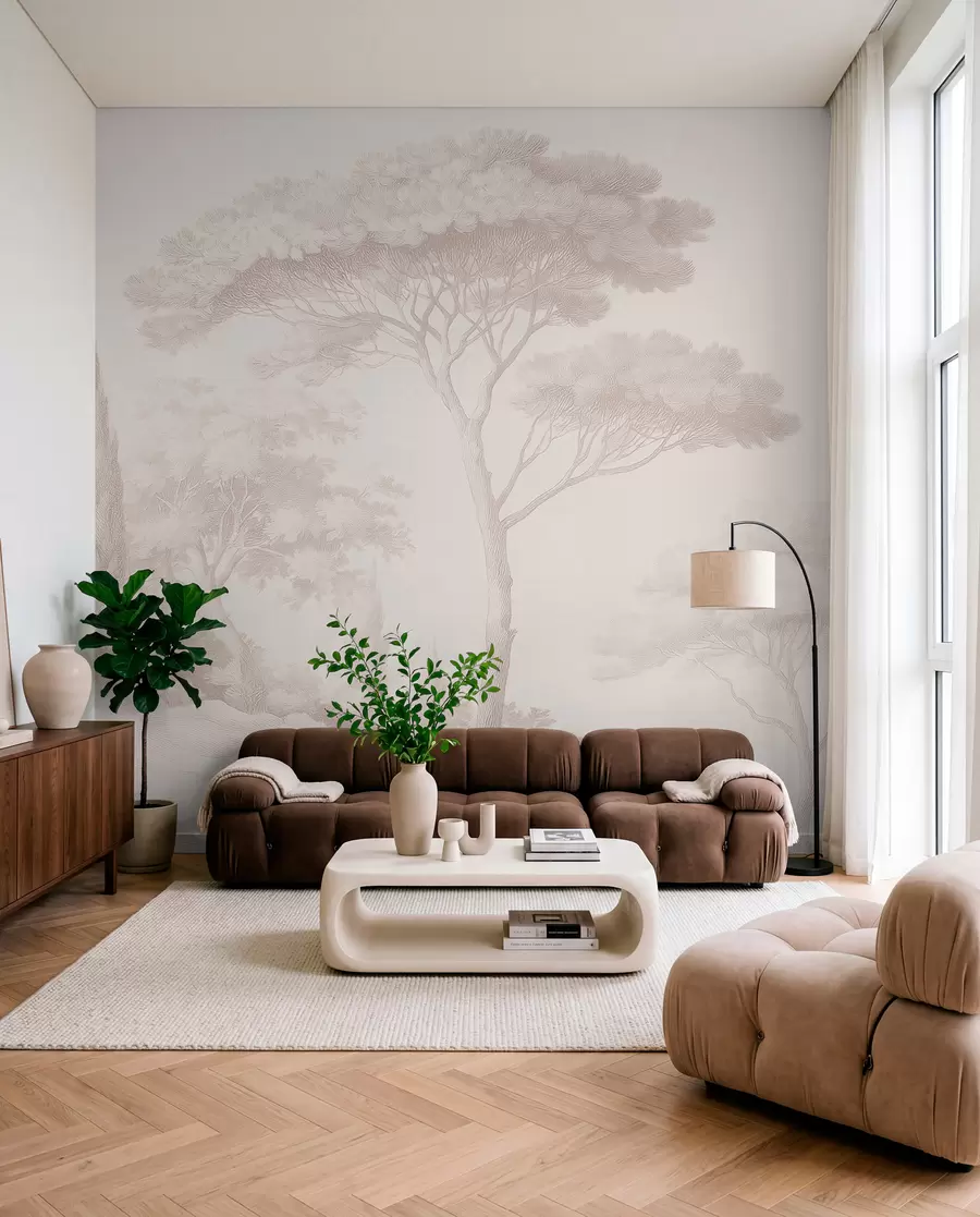 wall murals Calm forest landscape in a beige color palette w09685