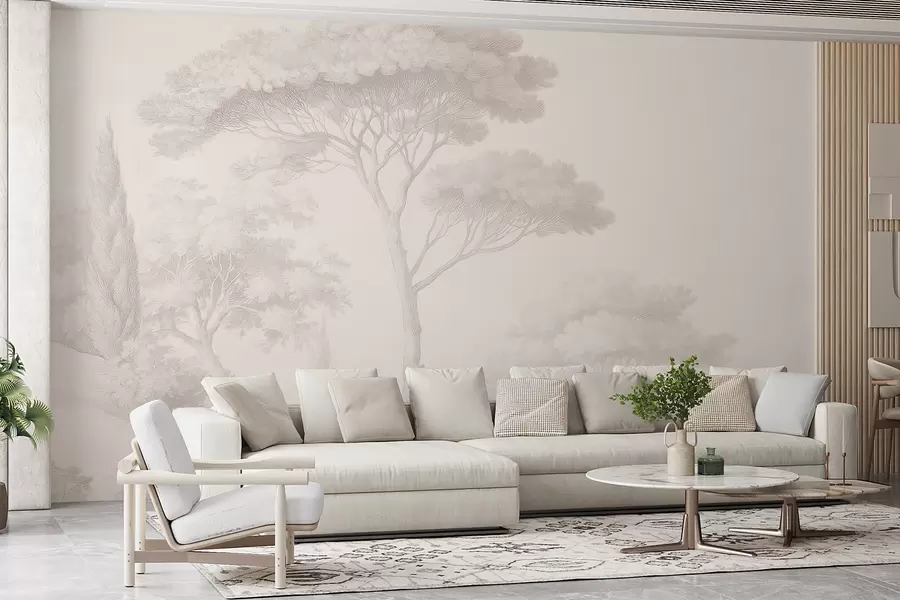 wall murals Calm forest landscape in a beige color palette w09685