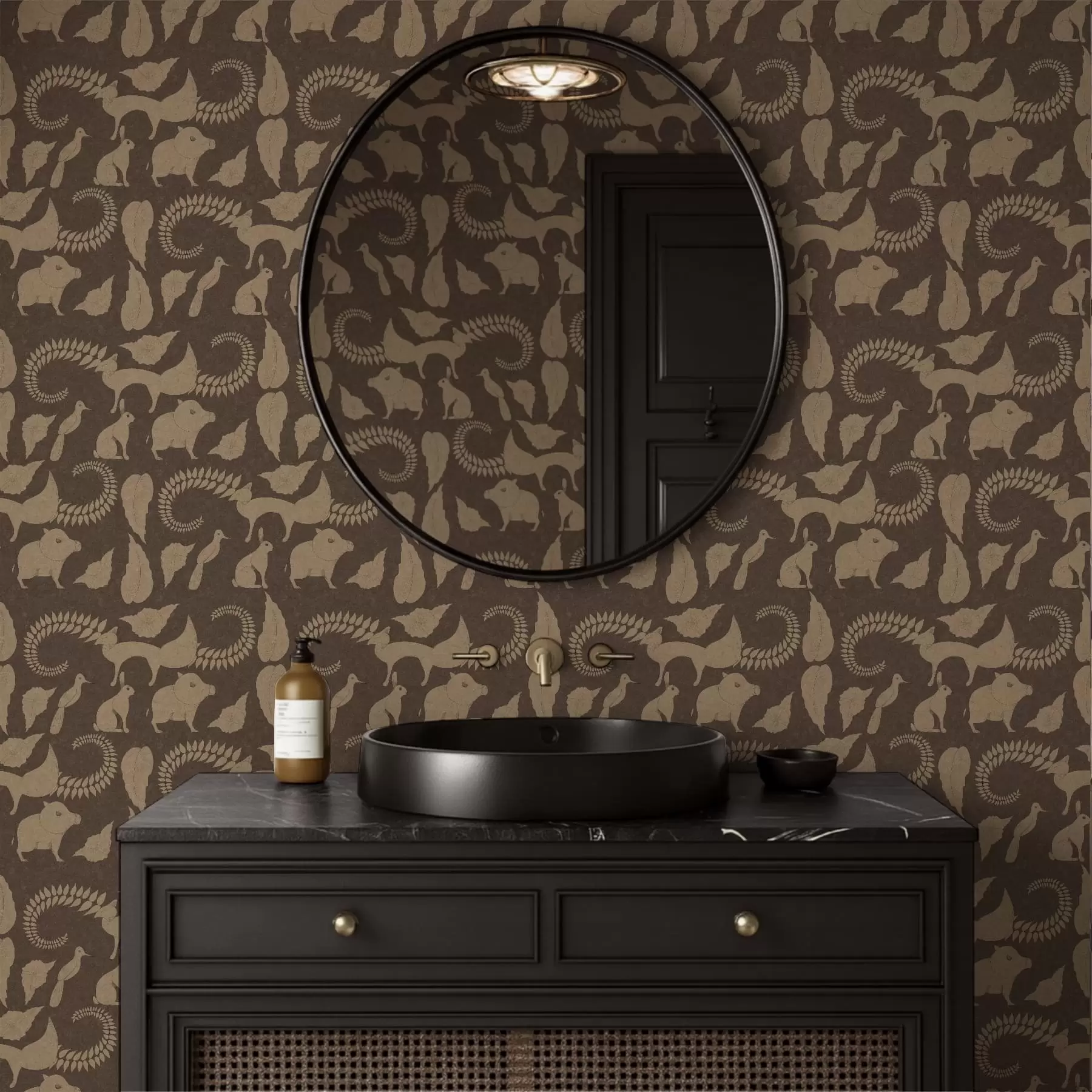 wall murals Forest pattern with animals on brown background a01121