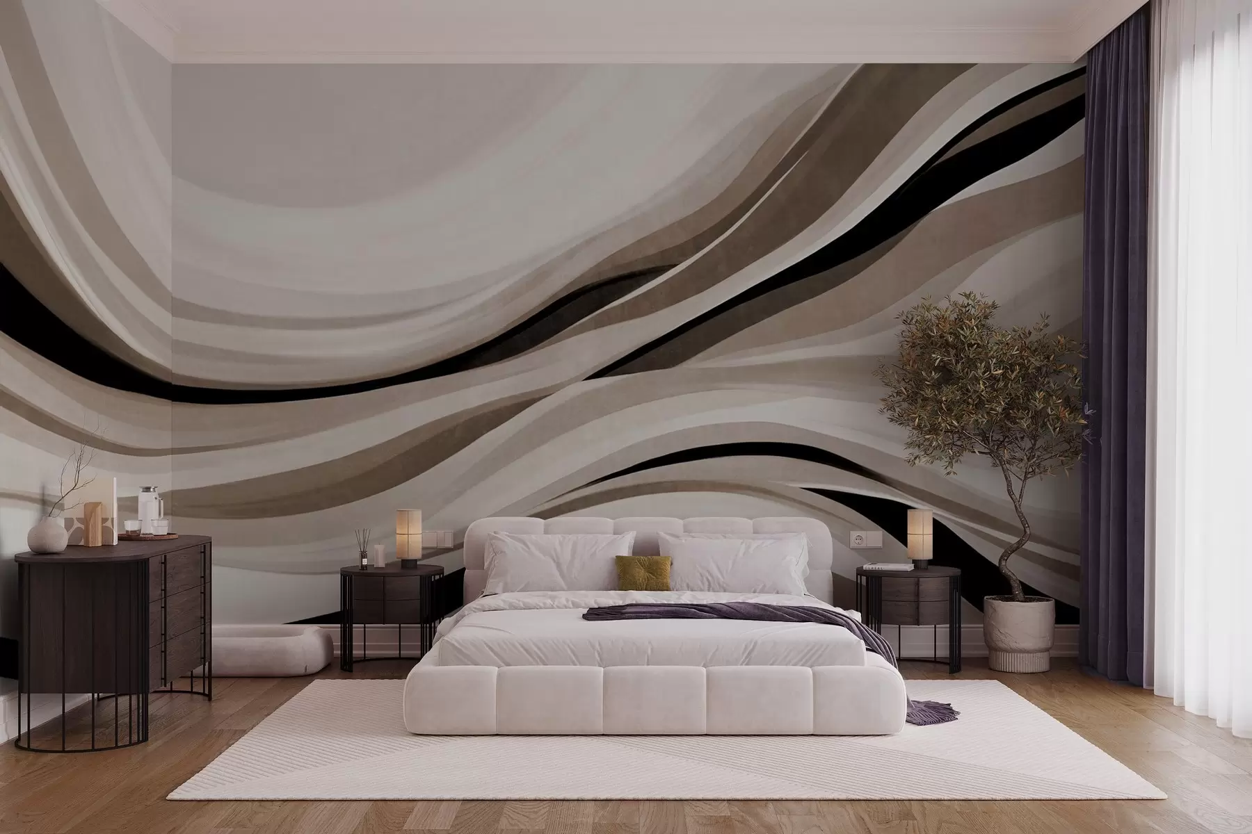 wall murals Abstract wavy lines in shades of beige and black against a light background, textured art w09748