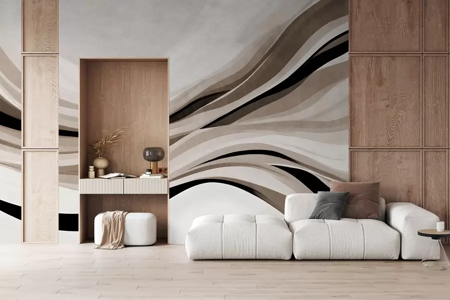 wall murals Abstract wavy lines in shades of beige and black against a light background, textured art w09748