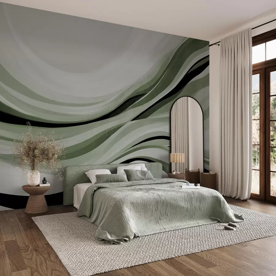 wall murals Abstract wavy lines in shades of green and black against a light background, textured art w09748v1