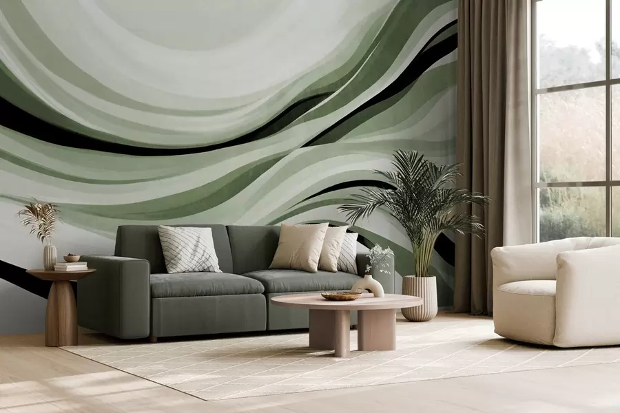 wall murals Abstract wavy lines in shades of green and black against a light background, textured art w09748v1