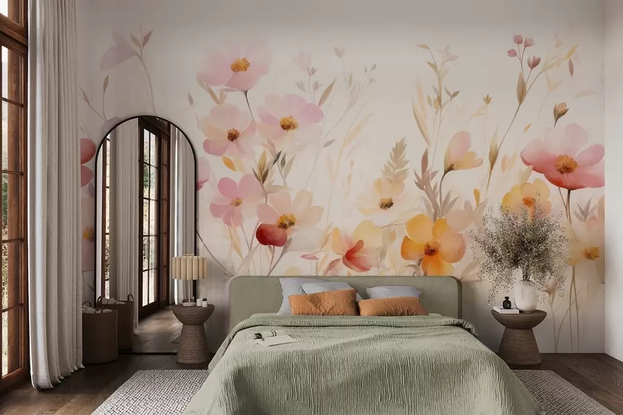 wall murals Abstract field of wildflowers in pastel hues, watercolor painting style w09757