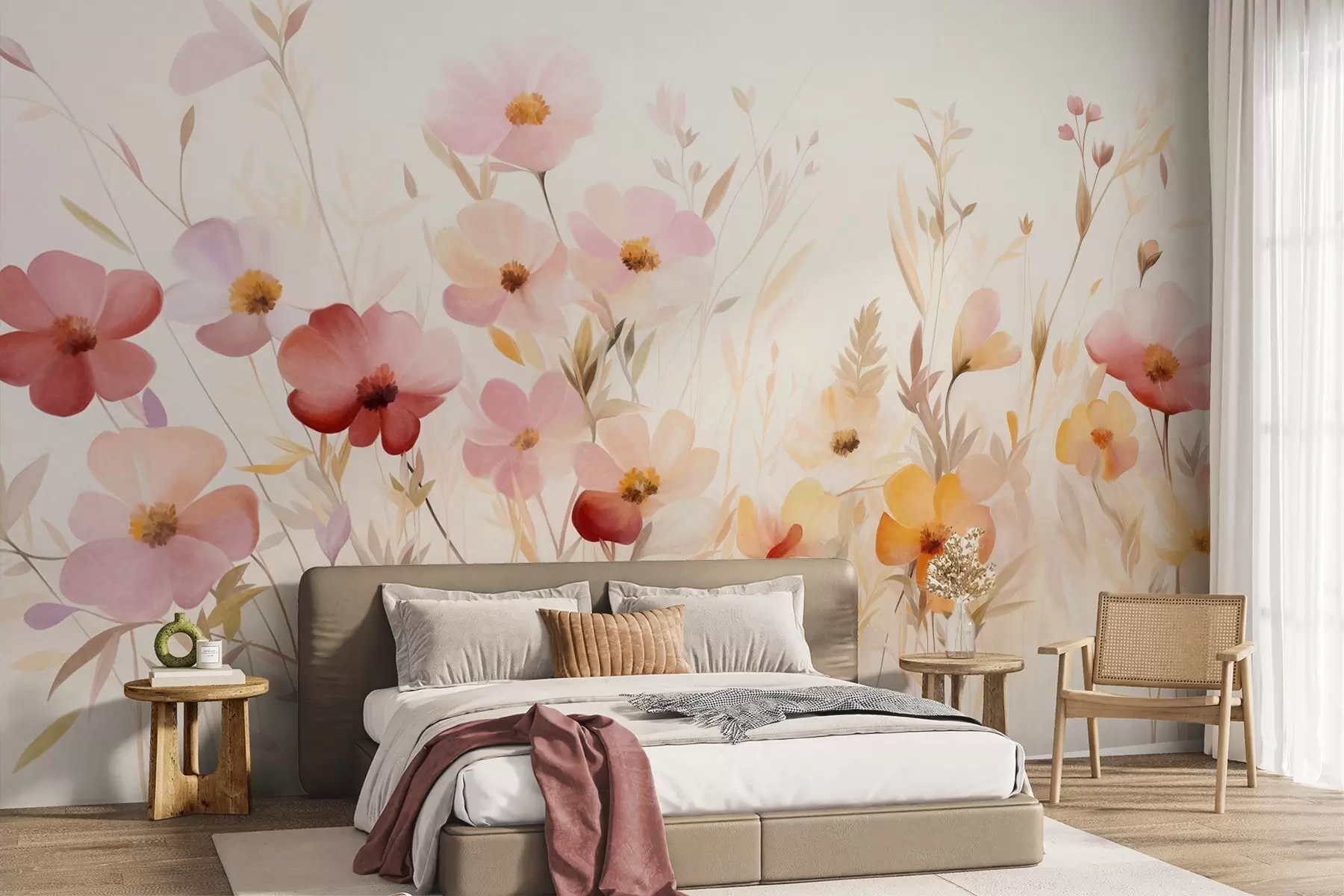 wall murals Abstract field of wildflowers in pastel hues, watercolor painting style w09757