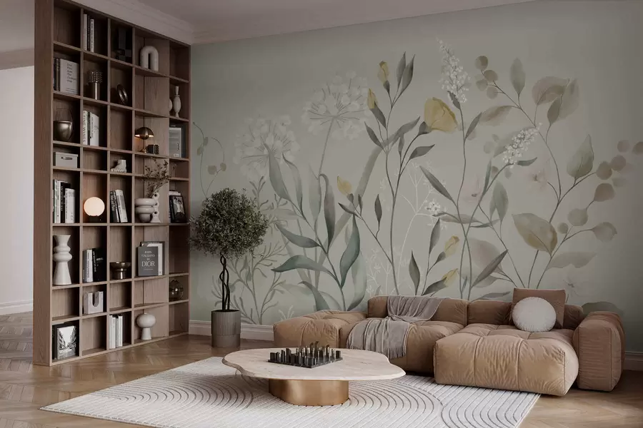 wall murals Plants with yellow accents on a light backdrop w05154v1